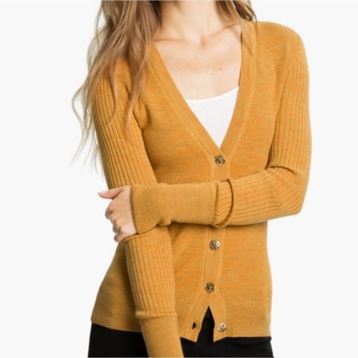 Tory Burch Mustard Yellow Shrunken Simone Ribbed Cardigan Sz S